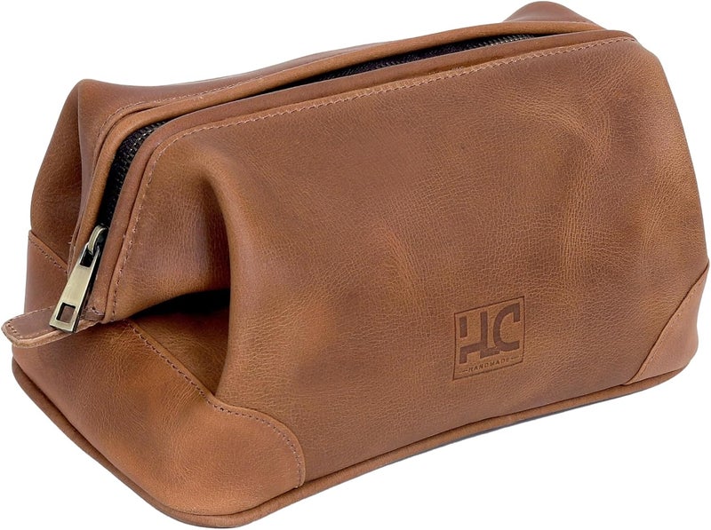 HLC Leather Toiletry Bag for Men Best Gift Premium Genuine Leather Dopp Kit Shaving Kit Organizer Travel Kit Pouch Bag for Men Large Size (TAN) - Image 1